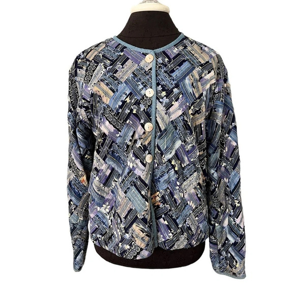 Vintage Soul Mates Blue Rayon Patchwork Jacket Metallic Threads Medium - Picture 1 of 8
